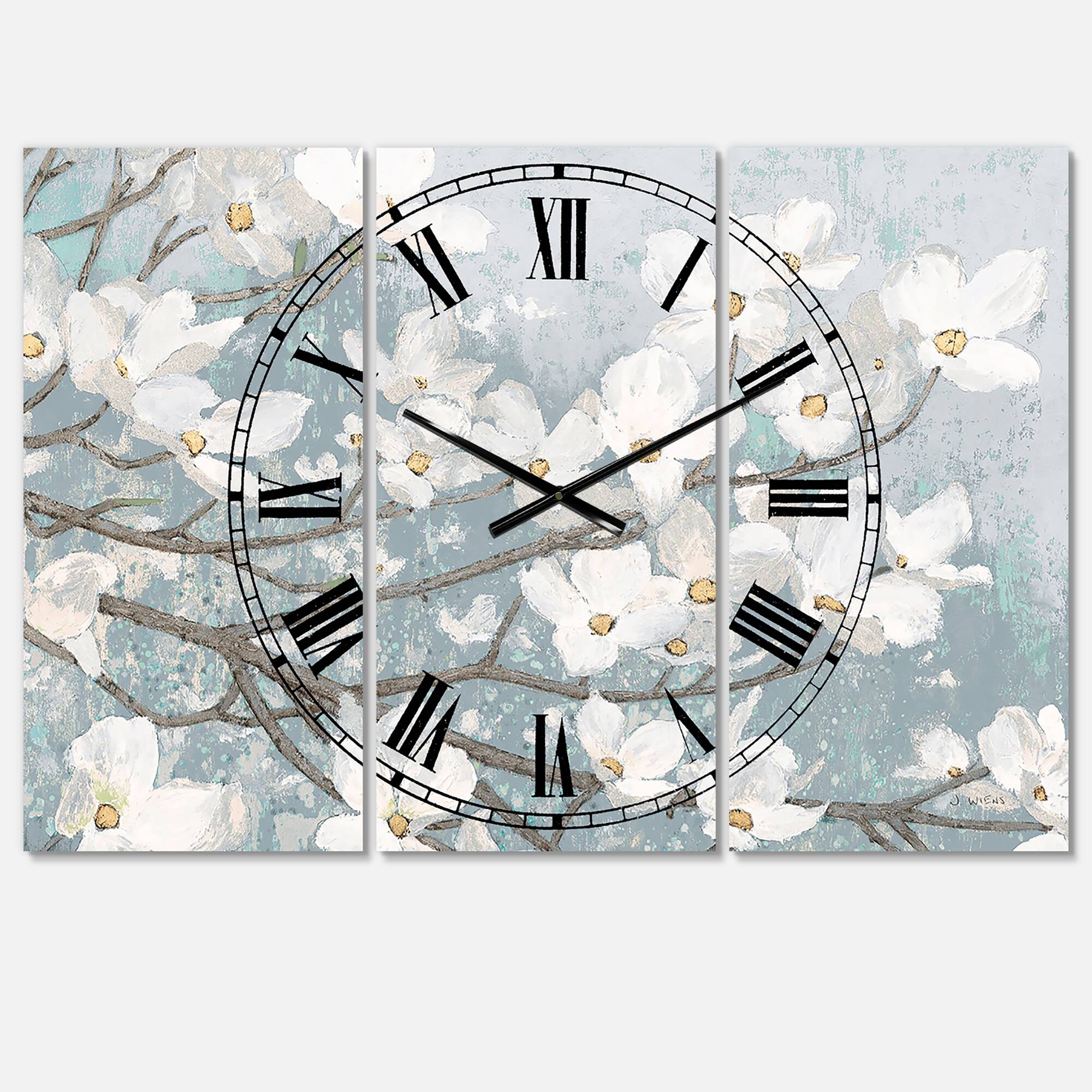 Designart Blue On Grey Blossoms Traditional 3 Panel Wall Clock